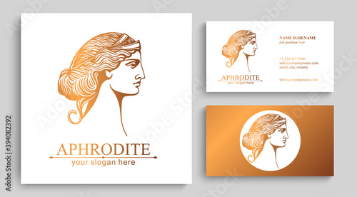 Aphrodite or Venus. Woman face logo. Emblem for a beauty or yoga salon. Style of harmony and beauty. Vector illustration