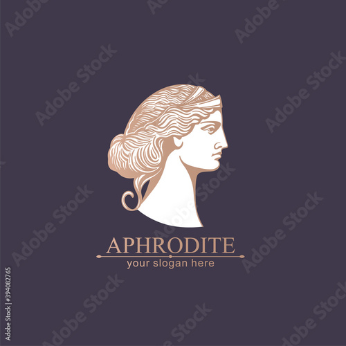 Aphrodite or Venus. Woman face logo. Emblem for a beauty or yoga salon. Style of harmony and beauty. Vector illustration