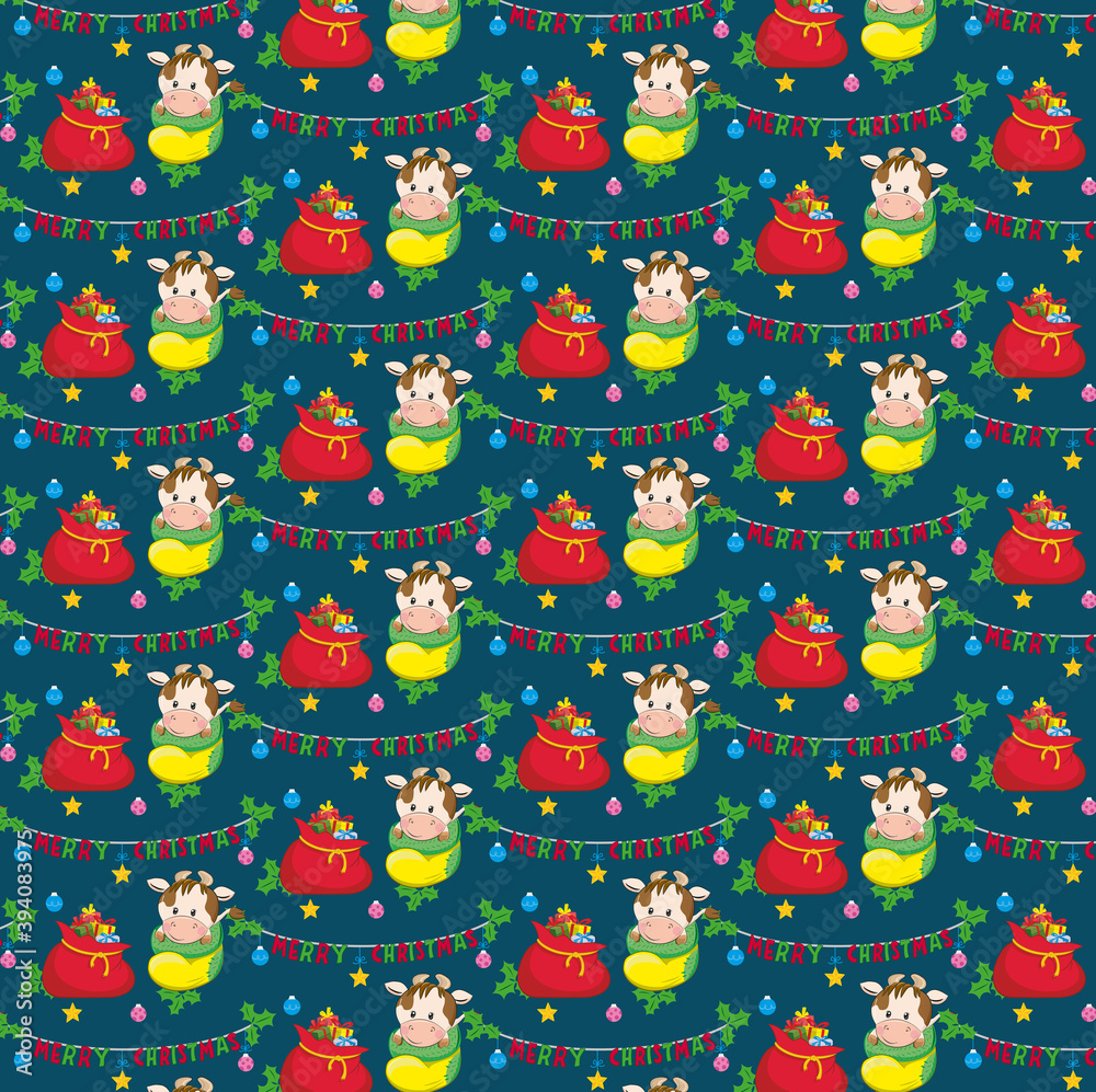 Christmas pattern of a cow in a sock, a bag with gifts, garlands on a dark blue background