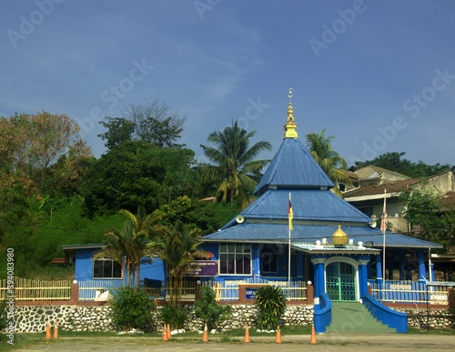 a traditional blue color mosque in Port Dickson town Malaysia
