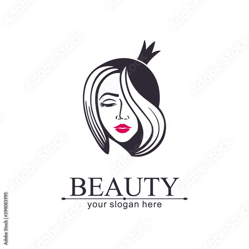 Woman face logo. Princess with a crown. Emblem for a beauty or yoga salon. Style of harmony and beauty. Vector illustration