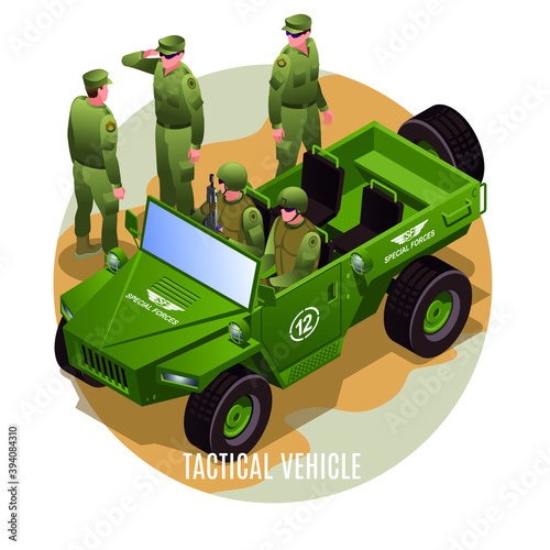 Tactical vehicle of special operations forces. Illustration isometric icons on isolated background