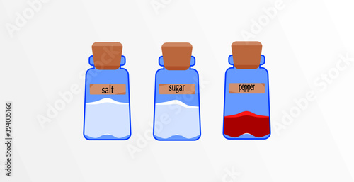 Condiment bottle illustration set. Minimalism concept.Salt jars, sugar jars, and chili jars.