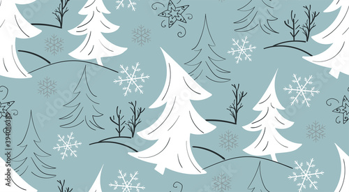 Winter forest. White firs and other trees, snowflakes on blue background. Christmas seamless pattern