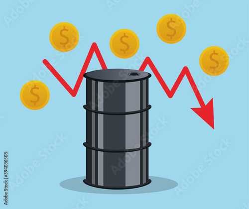 oil price graphic with barrel and coins in arrow statistics