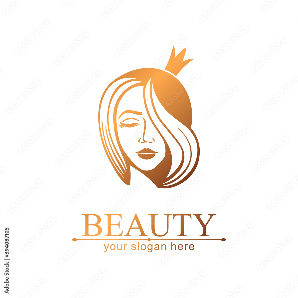 Woman face logo. Princess with a crown. Emblem for a beauty or yoga salon. Style of harmony and beauty. Vector illustration