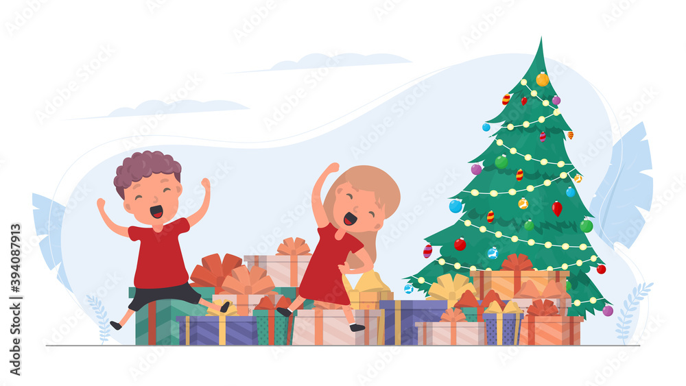 Happy children with gifts. Happy children, gift boxes, Christmas tree. Isolated. Vector. Happy children with gifts. Happy children, gift boxes, Christmas tree. Isolated. Vector.
