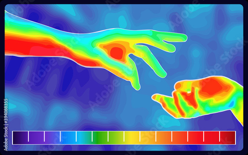 Vector graphic of Thermographic image of Closeup hands Used to help on blurred background. Closeup hands Used to help showing different temperatures in range of colors. infrared color scale.