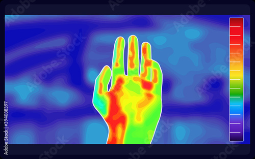 Illustration vector graphic of thermal Image Scanning Human hands and finger on blurred background. Electromagnetic spectrum. infrared color. infrared color scale. vector EPS 10.