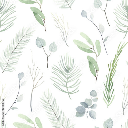 Watercolor seamless pattern with winter branches, leaves eucalyptus and Christmas twigs. Tender floral green illustration on white background in vintage style.