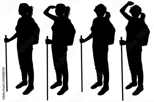 Tourist with a large backpack. Group of girls stand still and look intently forward and upward. Woman with a walking stick. Hiking. Four black female silhouettes are isolated on a white background.