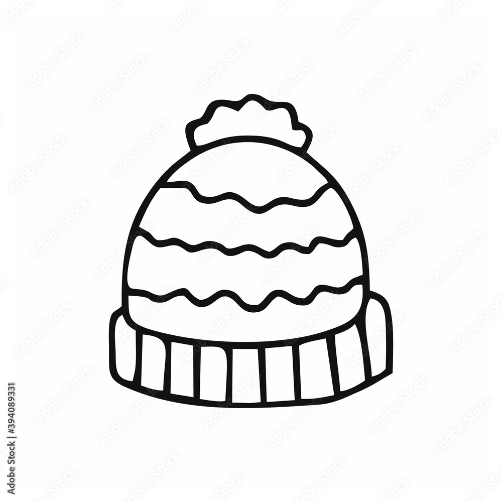 Drawing of a cap in the Doodle style. Winter hat drawn with a black contour line. Drawing of a cap in the Doodle style. Winter hat drawn with a black contour line.