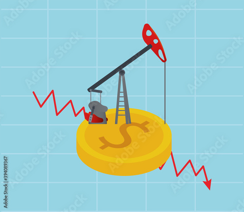 oil price graphic with drilling factory in coin dollar and arrows