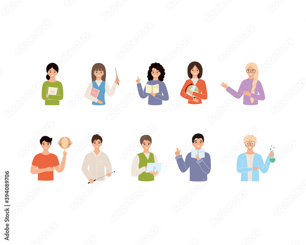 A large set of teachers in various subjects. Set of characters for teacher's day. Vector flat illustration on the theme of school and education.