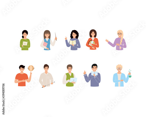 A large set of teachers in various subjects. Set of characters for teacher's day. Vector flat illustration on the theme of school and education.