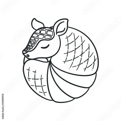 Armadillo sleeping and rolled up into a ball cartoon outline vector illustration. Cute animal character design, coloring page for kids.
