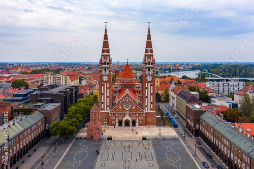 aerial photo of beautiful Cathedral of Szeged. Dome of szeged. Panoramic view