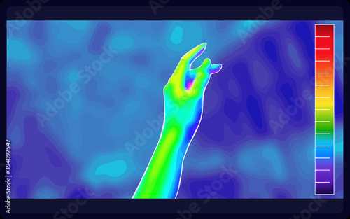 Illustration vector graphic of thermal Image Scanning Human hands and finger on blurred background. Electromagnetic spectrum. infrared color. infrared color scale. vector EPS 10.