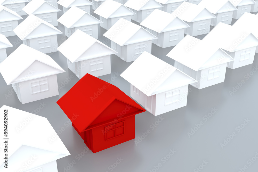 Models of small white and red houses in large numbers. Housing issues. rental of property. realtor Models of small white and red houses in large numbers. Housing issues. rental of property. realtor