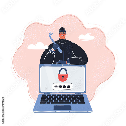Vector illustration of Internet theft behind laptop. Man is trying to crack the password