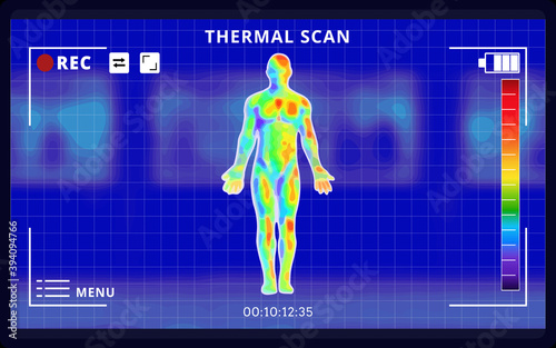 Vector graphic of Medical thermal imaging of Human front body scan by infrared ray structure measure isolated on blue blurred background. Schematic vector illustration. vector EPS 10. photo