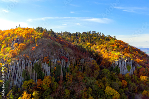 Fototapeta Naklejka Na Ścianę i Meble -  Saint Gerorge Hill in Hungary badacsony region. Amazing vulcanic mountain where giant basalt columns  located. Beautiful autumn colorful photo. Perfedct place for hiking or tripping