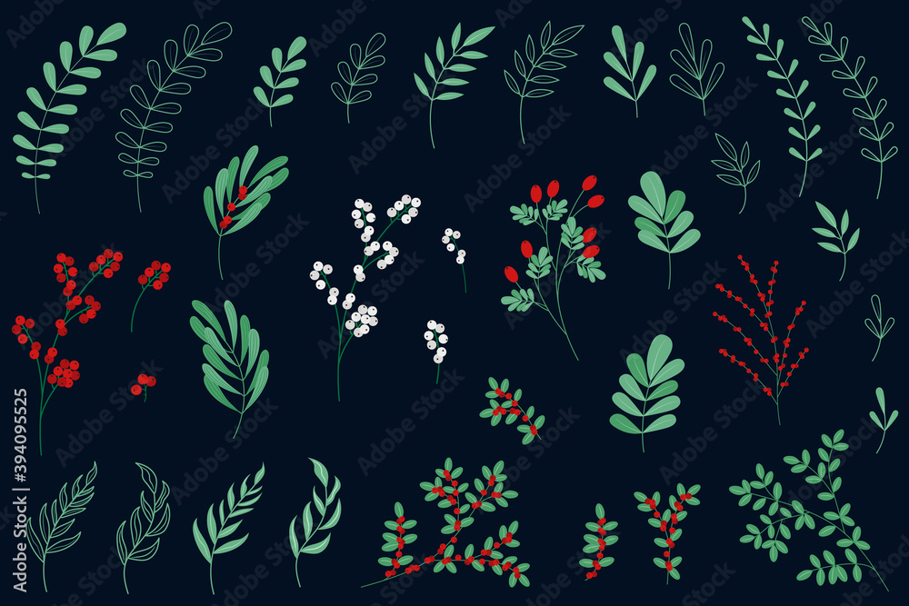 christmas winter plants and berries flat vector illustration