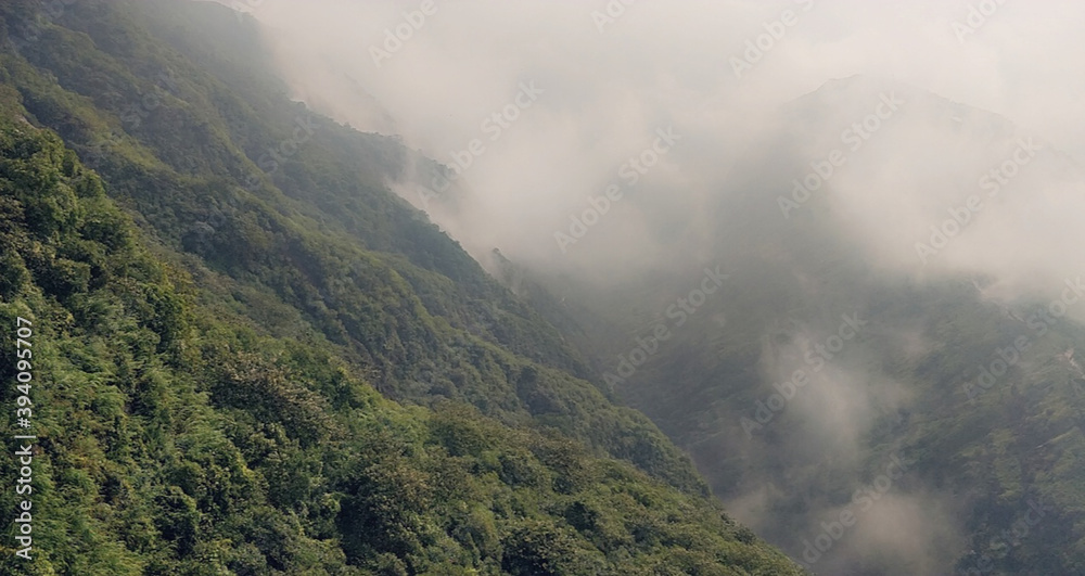 Mountains covered by fog , foggy weather 
