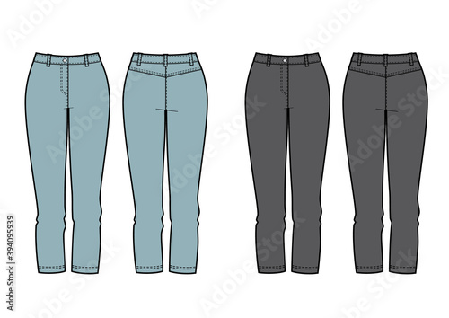 Women's clothing set of jeans. Vector templates in front and back for fashion design.