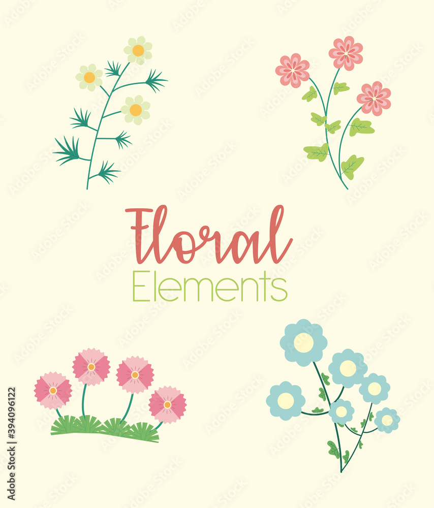 lettering and four flowers garden flat elements
