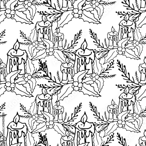 Candle holly seamless pattern monochrome decorative on white art design stock vector illustration for web, for print, for coloring page