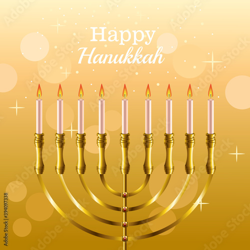 happy hanukkah celebration card with golden candelabrum
