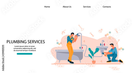 Website template with two repairmen or plumbers fixing bathroom sink, flat vector illustration on white background. Landing page mockup for plumbing service site.