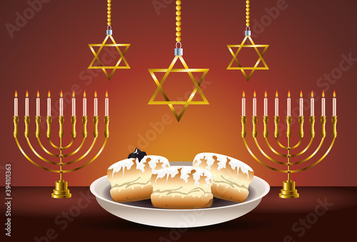 happy hanukkah celebration card with food and chandeliers