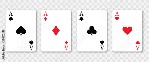 Set of vector playing card. Colection of four aces. Poker playing cards isolated on transparent background. Vector illustration, eps10.
