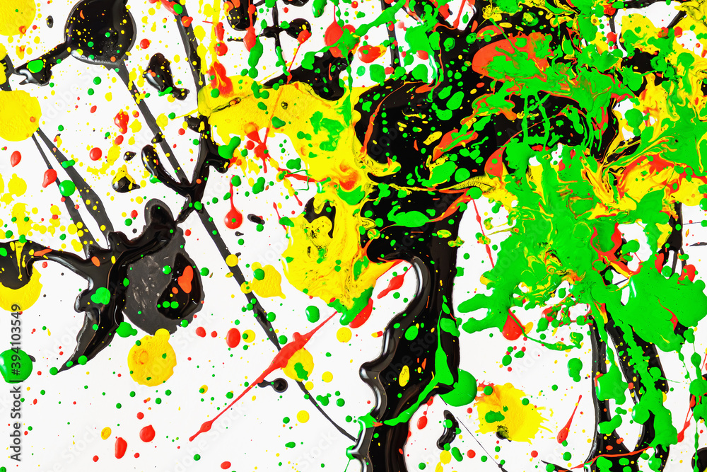 Abstract expression colorful splash background. mix color. bright Watercolor background illustration. dripping technique. blue and black and white and red and yellow and green and orange.