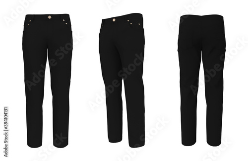 Men's jeans in front, side and back views. 3d rendering, 3d illustration