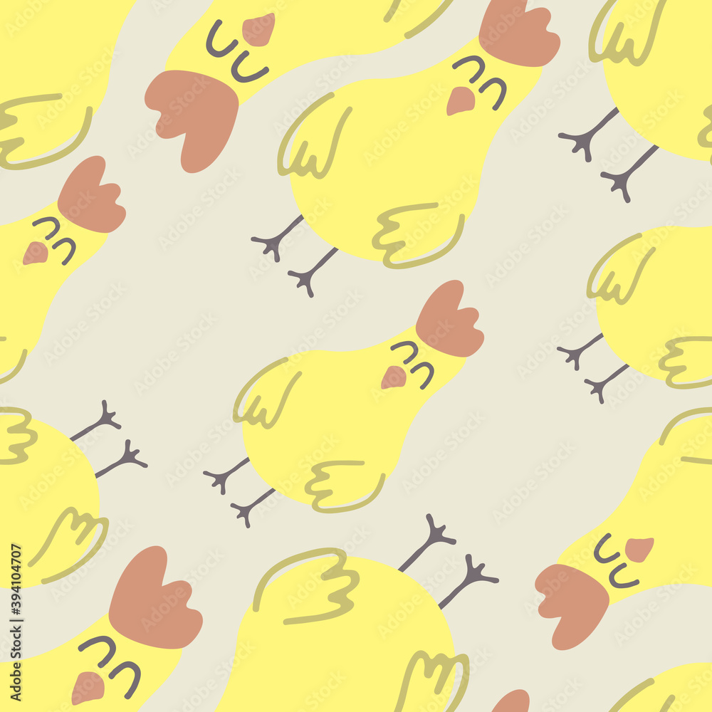 Fototapeta premium Seamless background with chicken. Decorative wallpaper for the nursery in the Scandinavian style. Vector. Suitable for children's clothing, interior design, packaging, printing.