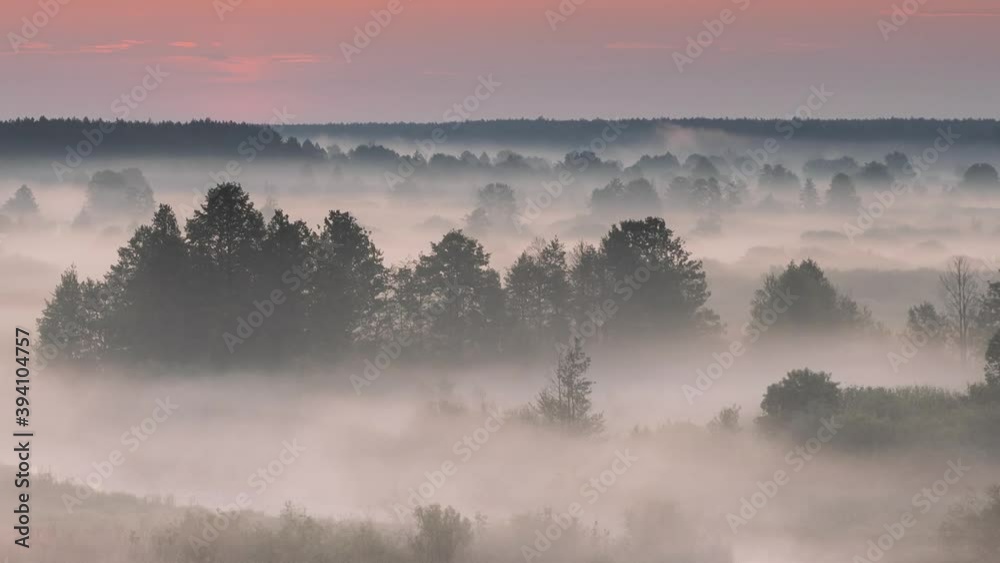 Amazing Sunrise Over Misty Landscape. Scenic View Of Foggy Morning Sky With Rising Sun Above Misty Forest And River. Early Summer Nature Of Eastern Europe