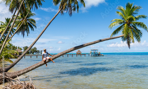 young man on palm tree in paradise island in french polynesia bora bora