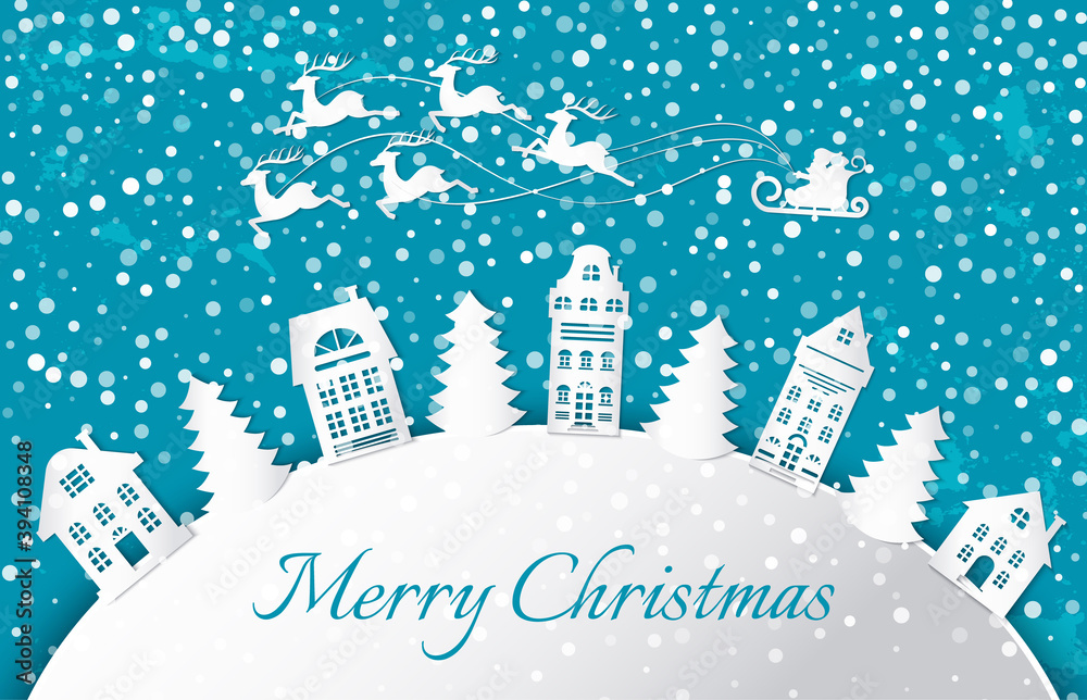 Merry Christmas paper cut of flying reindeer vector. Snowing weather, snowflakes falling down on old town. Polar deers with Santa Claus sleigh in sky