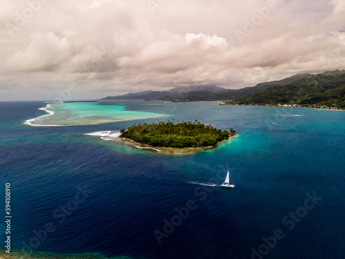 aerial view the sailboat with tropical island in polynesia raiatea photo