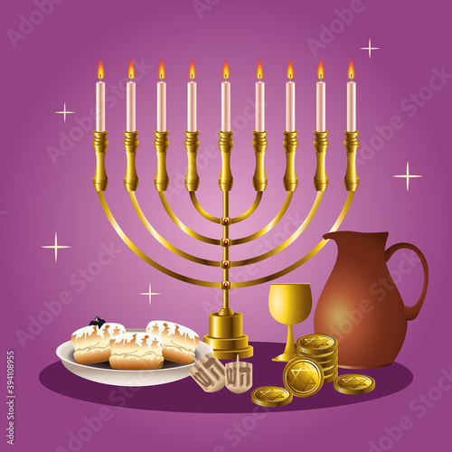 happy hanukkah celebration card with candelabrum and golden elements
