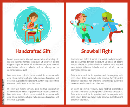 Handcrafted gift and snowballs fight, Christmas holidays handmade card vector.Children playing at snow war outdoors, boy and girl fighting, text sample