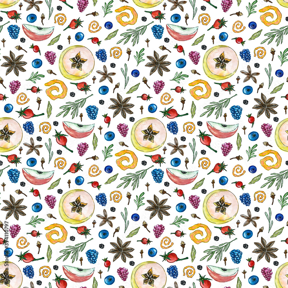 Seamless pattern with ingredients for hot winter drinks such as grog, punch, mulled wine Seamless pattern with ingredients for hot winter drinks such as grog, punch, mulled wine