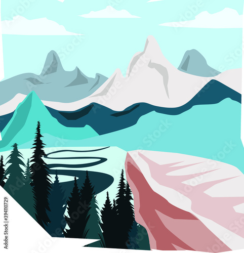 Mountains vector illustration Pictures landscape with nice mountain and trees flat style design semi winter concept