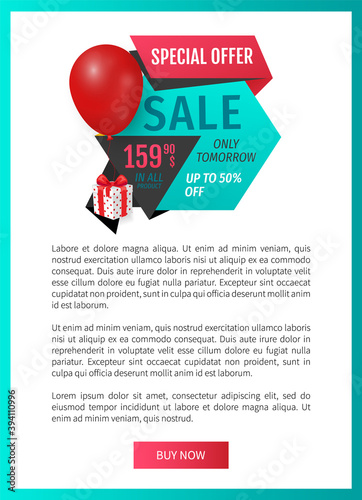 Special offer, exclusive product price reduction web page template vector. Inflatable balloon and present from shop, sellout and clearance, store promotion