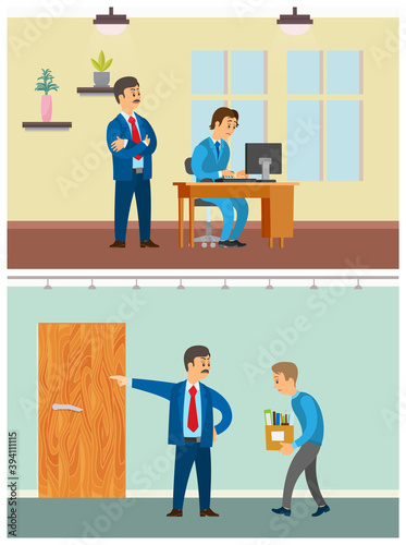 Boss supervising novice, working on office computer vector. Director in bad mood firing person, employed with unemployed man carrying carton boxes