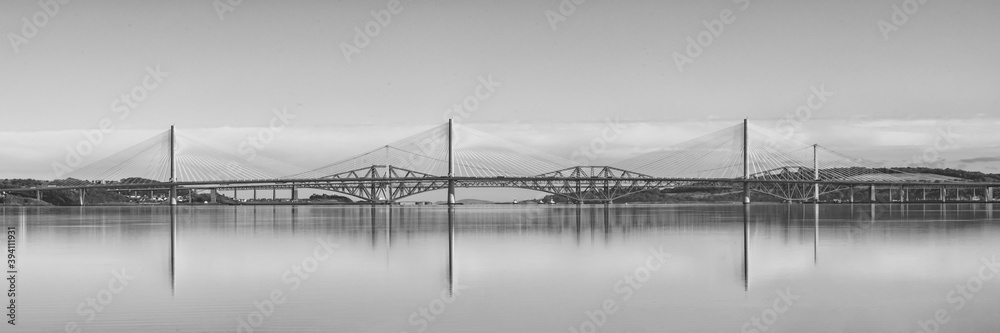 Bridges over Firth of Forth, Scotland - monochrome Bridges over Firth of Forth, Scotland - monochrome