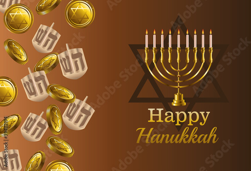 happy hanukkah celebration card with candelabrum and dreidels